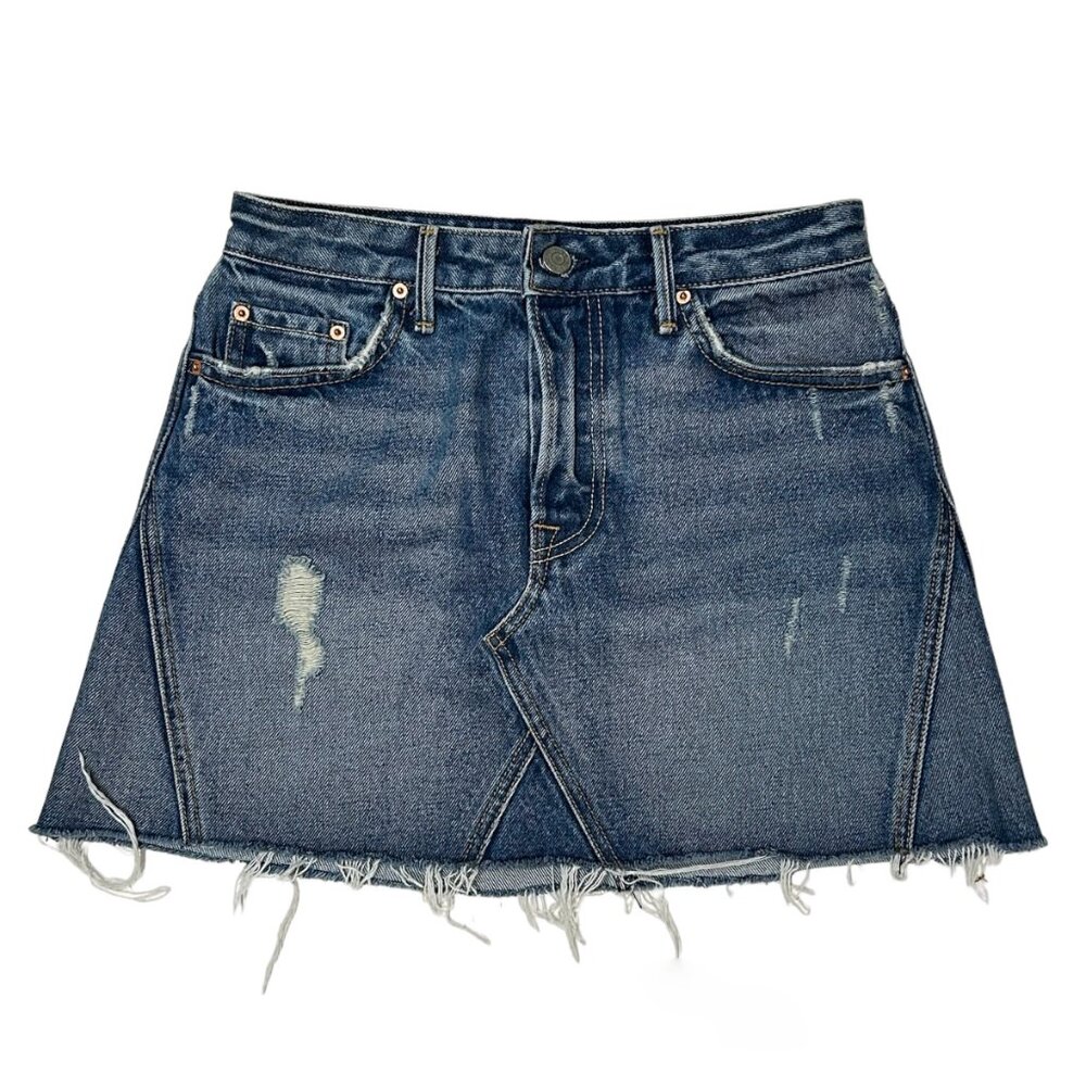 GRLFRND Eva Distressed Faded A-Frame High Waist Denim Mini Skirt REVOLVE Size 26 - Picture 2 of 16